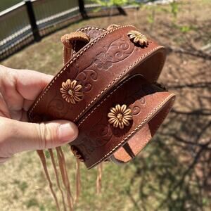 Oleg Santini Brown Embossed Leather Belt Fringe KEN 211B L - Excellent!